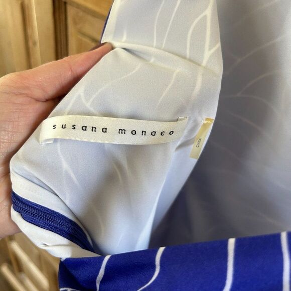 Susana Monaco 6 Royal‎ Blue White Dress Sleeveless Belted Tank Printed Sheath - Picture 9 of 10